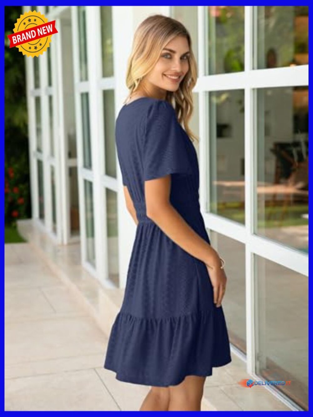 A-Line Mini Dress with Pockets Eyelet Short Sleeve Casual Summer Dress - Picture 3 of 7